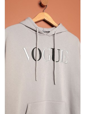 Velora Moda Üç Iplik Vogue Nakışlı Kapüşonlu Kadın Gri Sweat