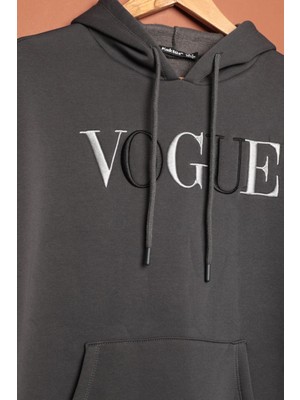 Velora Moda Üç Iplik Vogue Nakışlı Kapüşonlu Kadın Antrasit Sweat