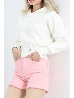 Velora Moda Kapşonlu Crop Sweat Ekru - 20967.1878.