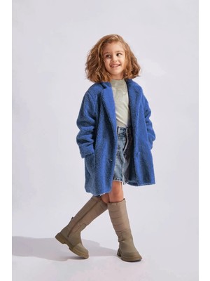 Kız Çocuk Yeni Sezon Trend Peluş Kürk  Kaban Düğme Kapamalı Saten Iç Astarlı