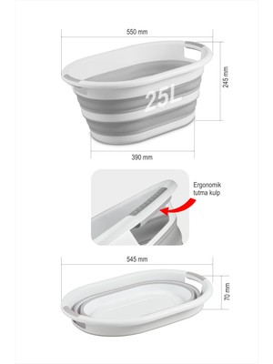 3'lü Çeyiz Seti - 2'li Kirli Çamaşır Sepeti, 12L Katlanır Kova & 25L Sele - Gri Beyaz