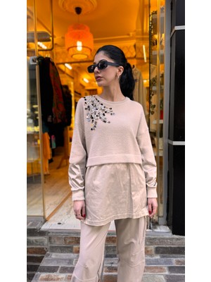 Ceren İrem Boutique 4696 Taşlı Angora Saten Tunik-Bej