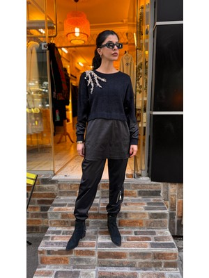 Ceren İrem Boutique 4696 Taşlı Angora Saten Tunik-Siyah