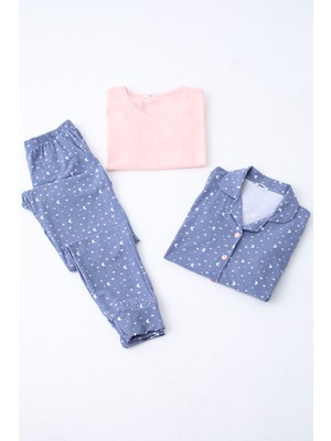 Kadın Pijama Uzun Kollu Düğmeli Pijama Takımı Cepli Pamuk  3 Lü Takım Kısa Kollu Indıgo