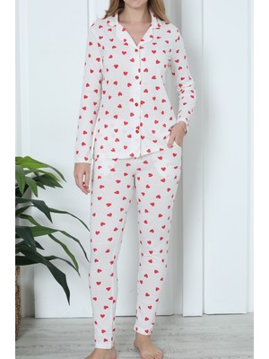 Kadın Düğmeli Pijama Takımı Uzun Kollu Cepli Kalpli Sevgililer Günü Beyaz