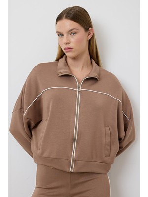 Kadın Biye Detaylı Oversize Sweatshirt Açık Kahve