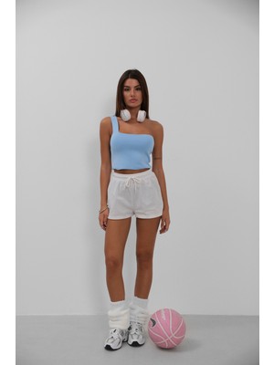 Tek Omuz Crop Mavi Bluz