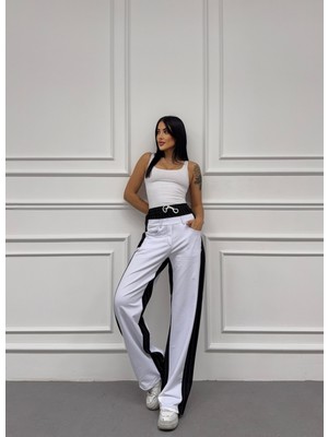 Xbella Denim Palazzo Siyah Beyaz Kemer Lastikli
