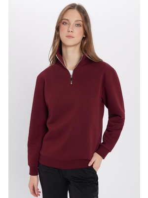 Unisex Relax Fit Rahat Kesim Pamuklu İçi Polarlı Yarım Fermuarlı Bordo Dik Yaka Sweatshirt