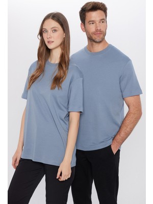 Tudors Unisex Relax Fit Rahat Kesim %100 Pamuk Yumuşak Dokulu Basic Bisiklet Yaka Mavi T-Shirt