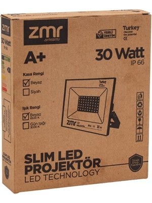 Zmr 30 Watt - 220 Volt 6500K IP66 150* Işık Açısı Siyah Slim Kasa LED Projektör