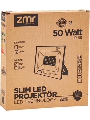 Zmr 302/S 50 Watt - 220 Volt 6500K IP66 150* Işık Açısı Siyah Slim Kasa LED Projektör