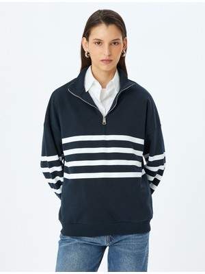 Koton Yarım Fermuarlı Çizgili Oversize Sweatshirt