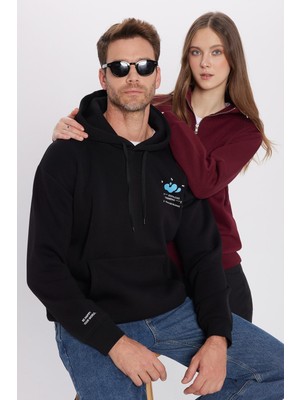 Tudors Unisex Oversize Geniş Kesim Pamuklu Yumuşak Dokulu Içi Polarlı Baskılı Siyah Kapüşonlu Sweatshirt