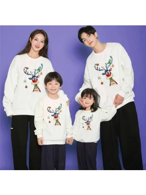 Kids Face Özel Tasarım Bisiklet Yaka Mutlu Yılbaşı Geyiği Baskılı Aile Kombini Sweatshırt.1 Adet Fiyatıdır