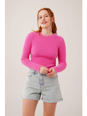 Kadın Yumoş Bisiklet Yaka Fitilli Triko Crop Kazak