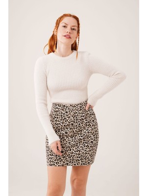 Kadın Yumoş Bisiklet Yaka Fitilli Triko Crop Kazak