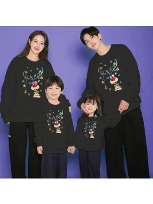 Kids Face Özel Tasarım Mutlu Yılbaşı Geyiği Baskılı Kışlık Aile Kombini Sweatshırt.1 Adet Fiyatıdır.