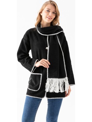 Etkimod Kadın Siyah Atkılı Takım Kenarları Nakışlı Uzun Kol Polar Hırka