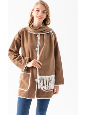 Etkimod Kadın Açık Kahve Atkılı Takım Kenarları Nakışlı Uzun Kol Polar Hırka