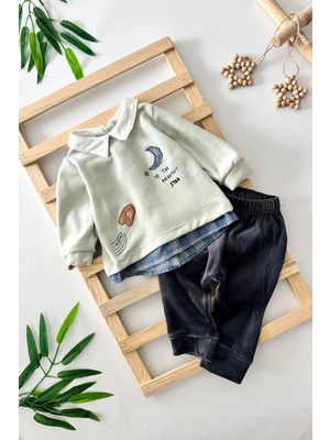 Miniğimin Cicileri Yakalı Gömlek Detaylı Kadife Erkek Bebe 2 li takım - Yeşil