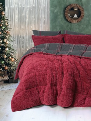 Cozy Home Festive Çift Kişilik Çift Taraflı Peluş Yorgan Noel Kırmızı