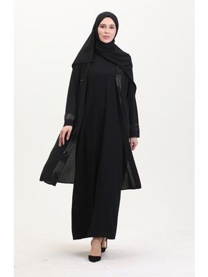 Sefa Merve Büyük Beden Elbise Yelek Ikili Takım 6140-03 Siyah