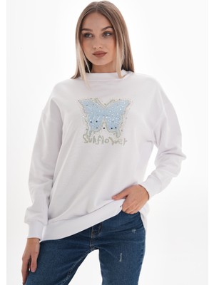 Kelebek Taş Baskılı Sweatshirt