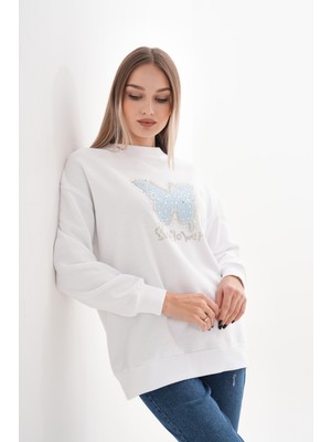 Kelebek Taş Baskılı Sweatshirt