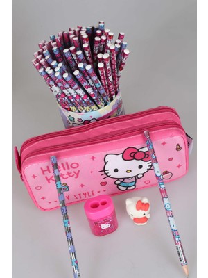 Hello Kitty Dekomus Ile Yeni Sezon Lisanslı Hello Kıtty Kalem Çantası,2 Adet Kurşun Kalem,kalemtraş ve 3D Silgi Seti