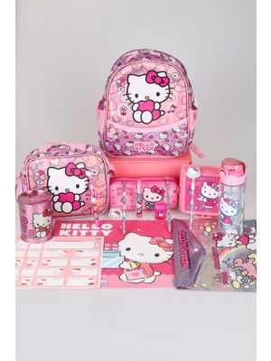 Hello Kitty Tek Bölmeli Küçük Boy 32 cm Hello Kıtty Anaokul,beslenme ve Kalem Çantası Ile Beslenme Kabı,matara Kırtasiye Okul Seti