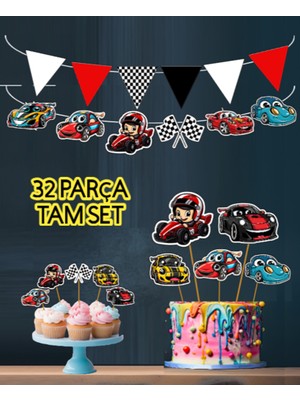 Hiras Dizayn 32PARÇA Spor Yarış Araba Temalı Dev Doğum Günü Süsü Banner Pasta Kürdanı Cupcake Süsü Seti