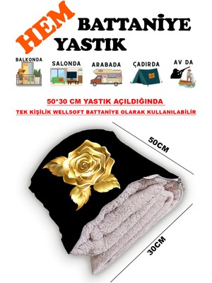 Caisya Altın Gül Desen Baskılı Tv Battaniyeli Opsiyonel Dekoratif Yastık Battaniye 2in1 Gifts