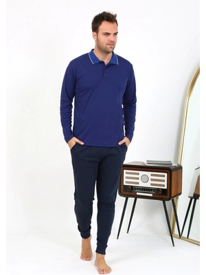 Monolya Erkek Polo Yaka Uzun Kol Penye Pijama Takımı Gri 6865