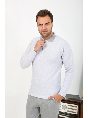 Monolya Erkek Polo Yaka Uzun Kol Penye Pijama Takımı Gri 6864