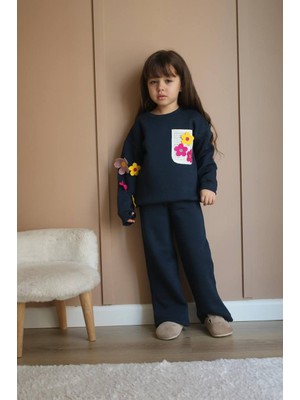 Sacro Kids Siyah Papatya Işlemeli Eşofman-Sweatshirt 3 Iplik Şardonlu Kışlık Kız Çocuk Takım