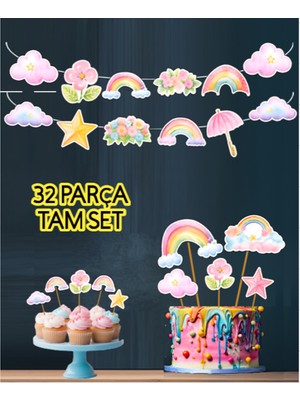 Hiras Dizayn 32PARÇA Gökkuşağı Bulut Yıldız Temalı Dev Doğum Günü Süsü Banner Pasta Kürdanı Cupcake Süs