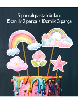 Hiras Dizayn 32PARÇA Gökkuşağı Bulut Yıldız Temalı Dev Doğum Günü Süsü Banner Pasta Kürdanı Cupcake Süs