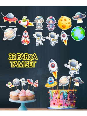 Hiras Dizayn 32 Parça Uzay Astronot Temalı Dev Set Doğum Günü Süsü, Banner Pasta Kürdanı Cupcake Süsü