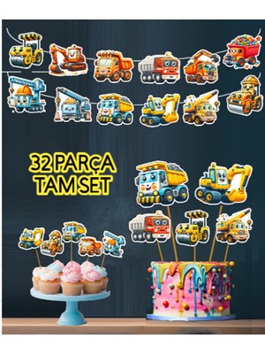 Hiras Dizayn KUROMI-32PARÇA Iş Makinası Kepçe Kamyon Dev Doğum Günü Süsü Banner Pasta Kürdanı Cupcake Süsü Seti