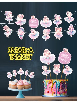 Hiras Dizayn 32 Parça Sevimli Balerin Dev Set Doğum Günü Süsü Banner Pasta Kürdanı Cupcake Süsü