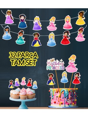 Hiras Dizayn 32PARÇA Masal Prensesleri Dev Doğum Günü Süsü Banner Pasta Kürdanı Cupcake Süsü Seti