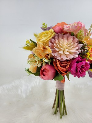 Sarı Fuşya Gelin Çiçeği Gelin Buketi ve Yaka Çiçeği