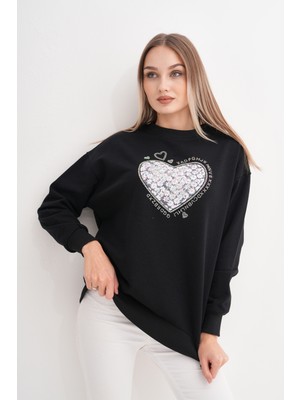 Kalpli Taş Baskılı Sweatshirt Siyah