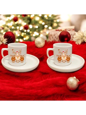D&Y Gaudery Ikili Sevimli Ren Geyik Desenli Türk Kahvesi Fincanı, Yılbaşı Hediyesi Ikili Kahve Fincanı