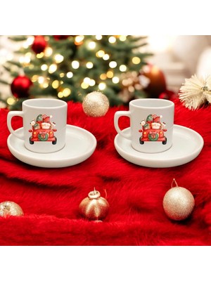 D&Y Gaudery Ikili Sevimli Yılbaşı Temalı Desenli Türk Kahvesi Fincanı, Yılbaşı Hediyesi Ikili Kahve Fincanı
