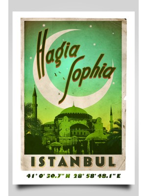 Hari Tasarım Retro Koordinatlı Şehir Posteri, Ayasofya Cami, Çerçevesiz Poster-Harita Sanatı, Map Art Design