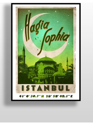 Hari Tasarım Retro Koordinatlı Şehir Posteri, Ayasofya Cami, Çerçevesiz Poster-Harita Sanatı, Map Art Design