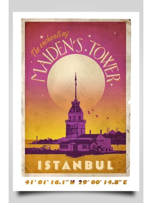 Hari Tasarım Retro Koordinatlı Şehir Posteri, Kız Kulesi, Çerçevesiz Poster-Harita Sanatı, Map Art Design