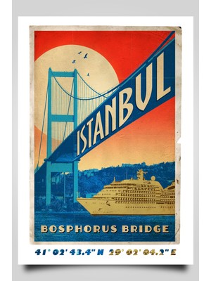 Hari Tasarım Retro Koordinatlı Şehir Posteri,15 Temmuz Şehitler Köprüsü, Çerçevesiz Poster-Harita Sanatı, Map Art Design